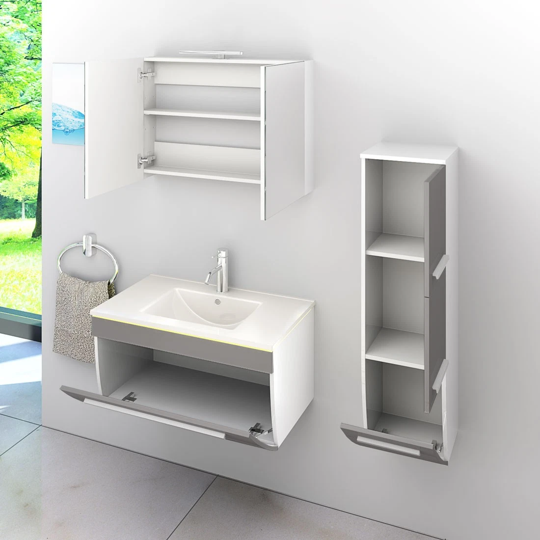 Badmöbel Set Gently 3 V2-R Weiß/Grau Badezimmermöbel Badspiegel Waschtisch 80 cm