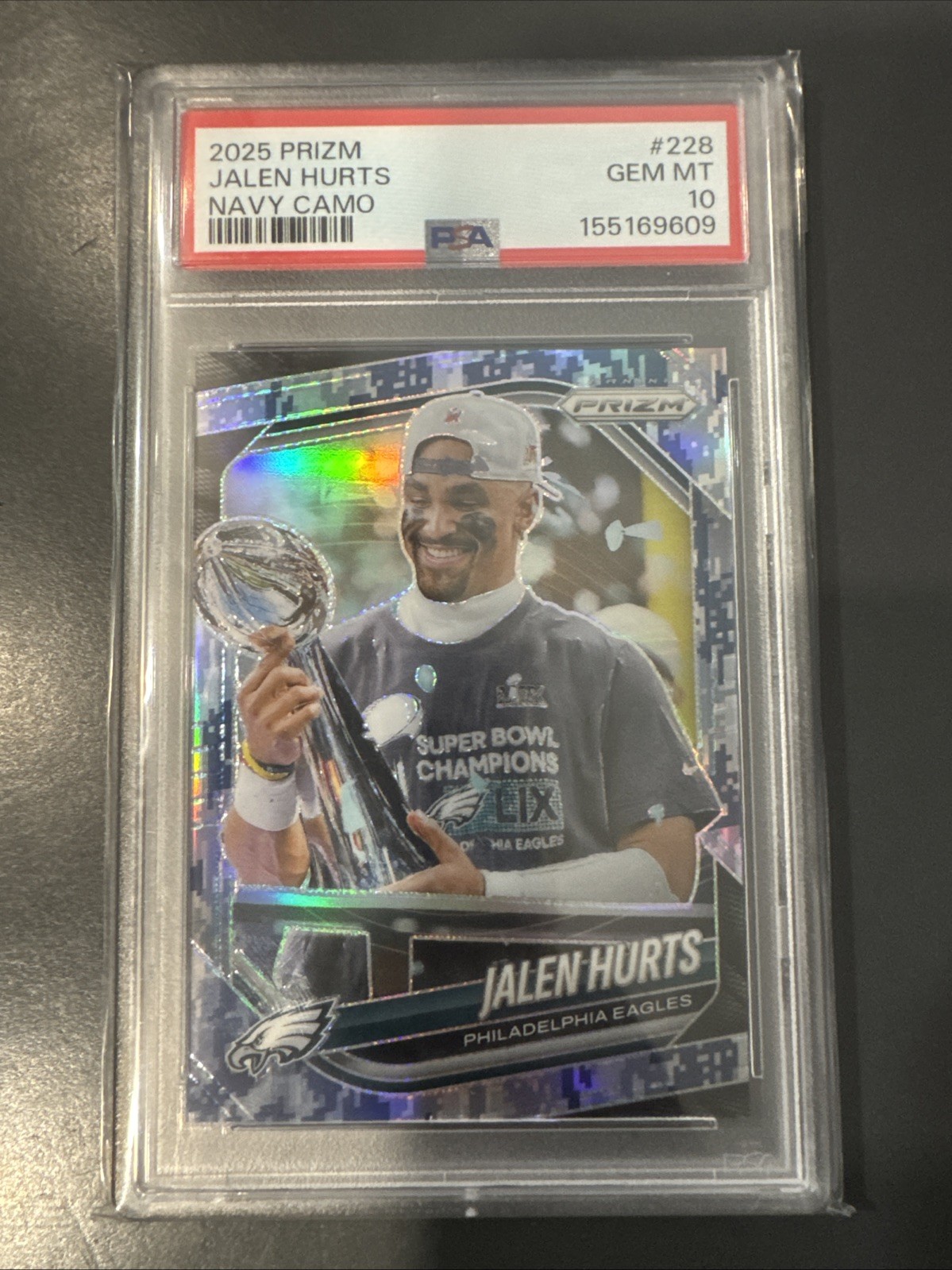 2025 Panini Prizm Jalen Hurts Navy Camo /25 SSP - PSA 10 - Eagles view 1