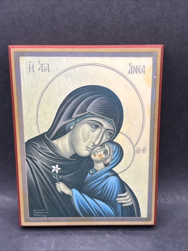 Byzantine-style wooden icon depicting Saint Anna holding the young Virgin Mary