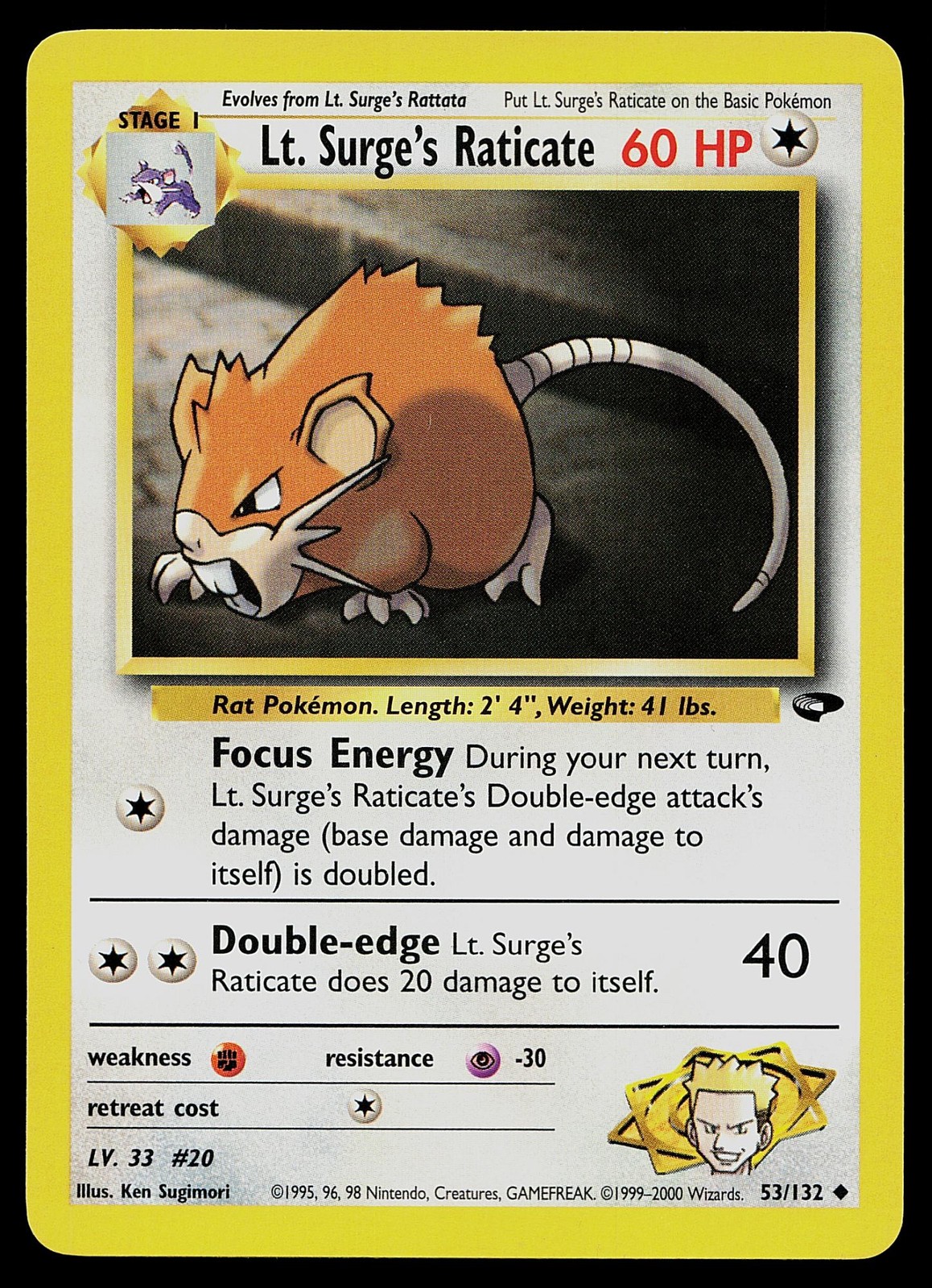 Pokemon Card Gym Challenge Lt. Surge's Raticate 53/132 Uncommon