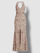 Aidan Mattox Women's Beige Open Back Flourish Beaded Halter Gown Dress Size 6