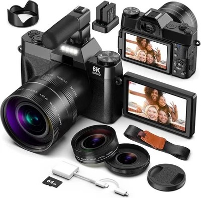 6K 64MP Digital Cameras for Photography and Vlogging with Wifi, 64GB SD Card, 16 - Image 1 of 4