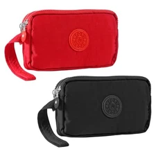 Large Capacity Wristlet Wallet - Women 3 Layers Zipper Oxford Cloth Black+red