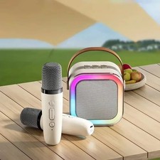 Mini Bluetooth Portable Karaoke Speaker with 2 Wireless Microphones - BEIGE