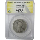 1916 D Liberty Walking Silver Half Dollar G 6 Details ANACS SKU:I25400