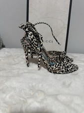 Gucci Allie Striped Leather Sandals, Black/White - 39.5