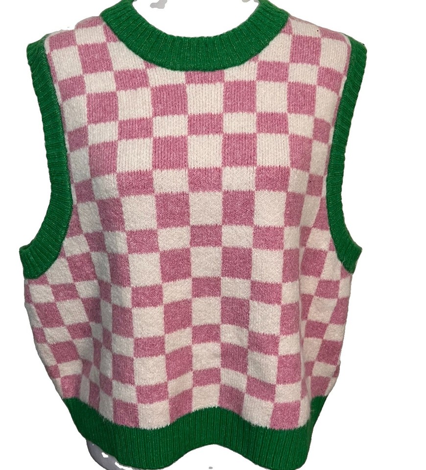 Cotton On Size XL / 16 Pink / White Check Green Trim Vest Jumper Excellent Cond