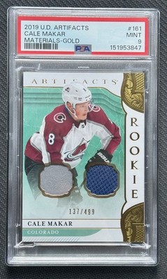 2019 UD Artifacts #161 - CALE MAKAR Material Gold Dual Jersey ROOKIE /499 PSA 9