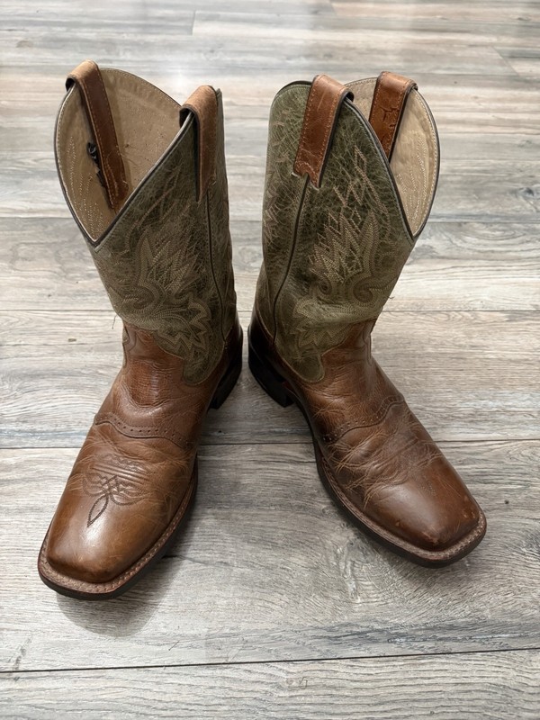 Double-H Cowboy Boots Olive & Brown Shoe Size 10D Leather Square Toe Western
