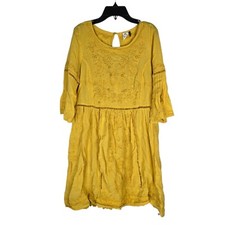 Akemi & Kin Anthropologie Womens Small Embroidered Yellow Mustard Dress