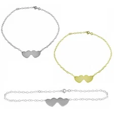 Sterling Silver Double Heart Chain Anklet Bracelet
