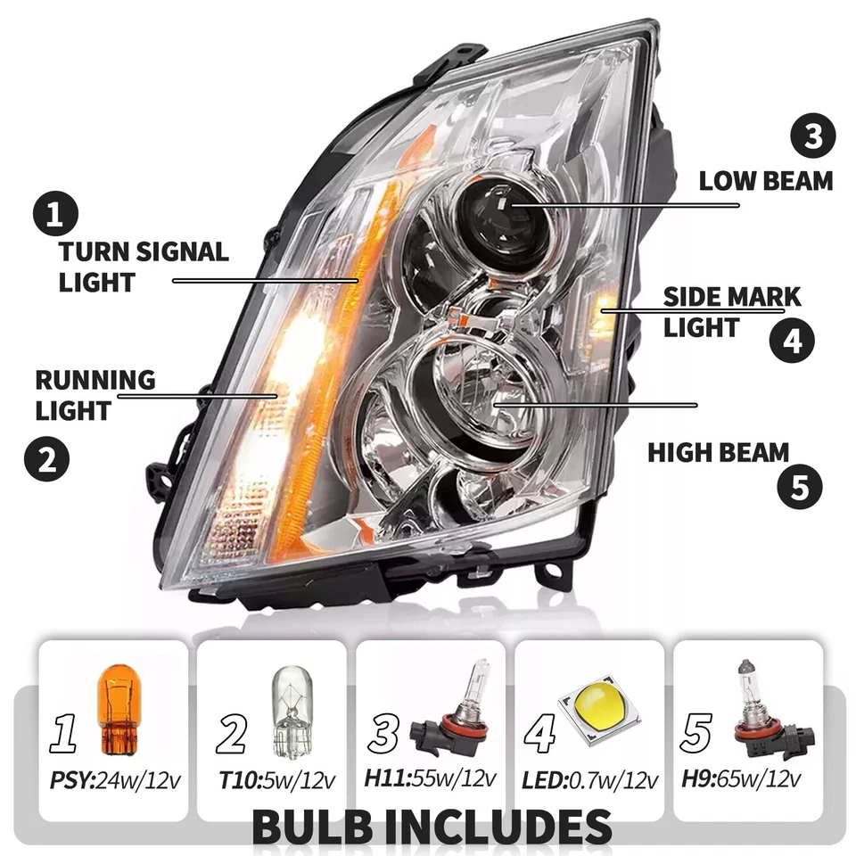 HECASA Halogen Pair Headlight For Cadillac CTS 08-15 Left and Right With Bulbs - Image 2 of 4