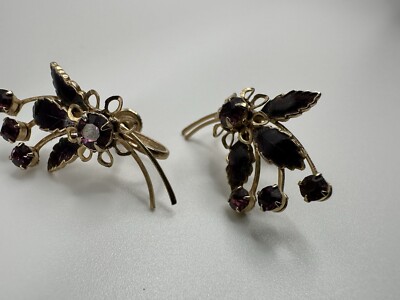 Vintage Gold Purple Enamel Rhinestone Flower Earrings 3.2cm JB18