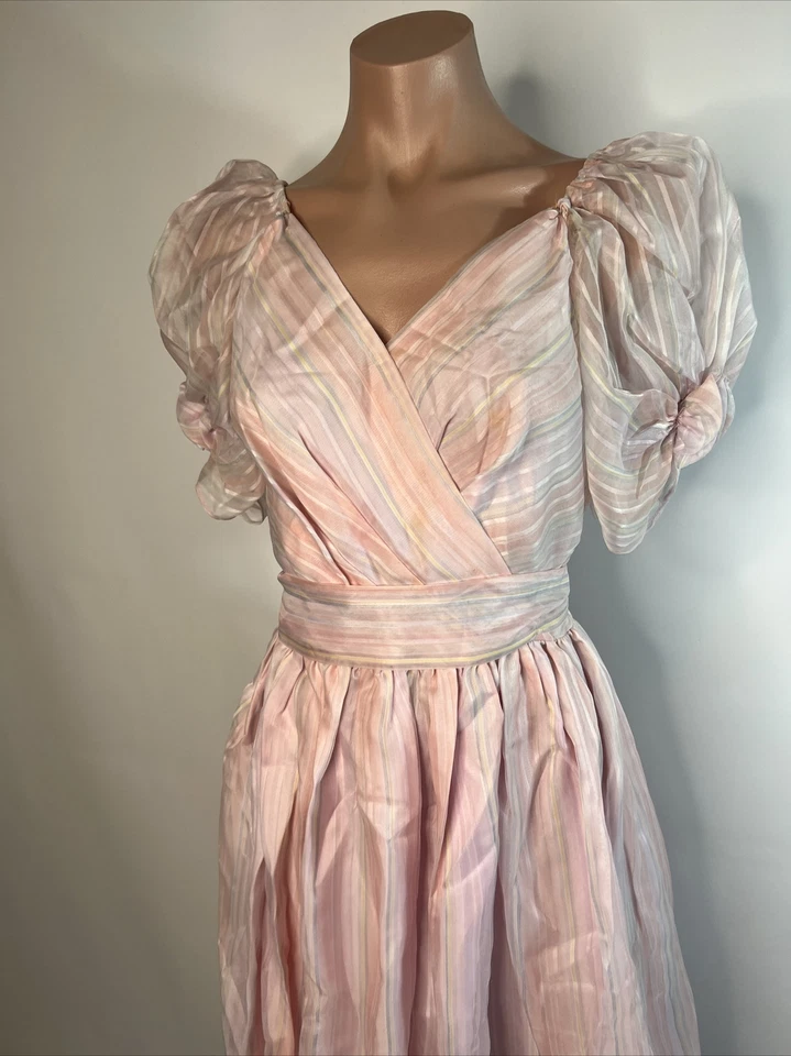 Vintage 80s Baby Pink Striped Dress Puff Sleeves Belted Prom Gown sz S/M - Image 4 of 4