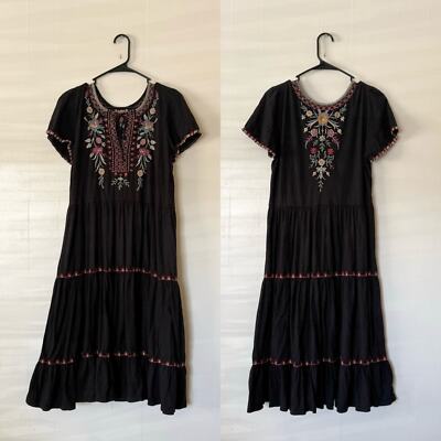 Johnny Was Nya Tiered Knit Dress in Black Floral Embroidery SMALL | eBay