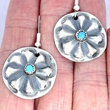 Concho Turquoise Navajo Earrings Hook Sterling Signed B Satin Repousse Dangle