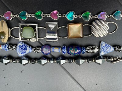 LOT of 4 bracelets  Blue White Ceramic Hematite Silver Tone Small Hearts  DJ37