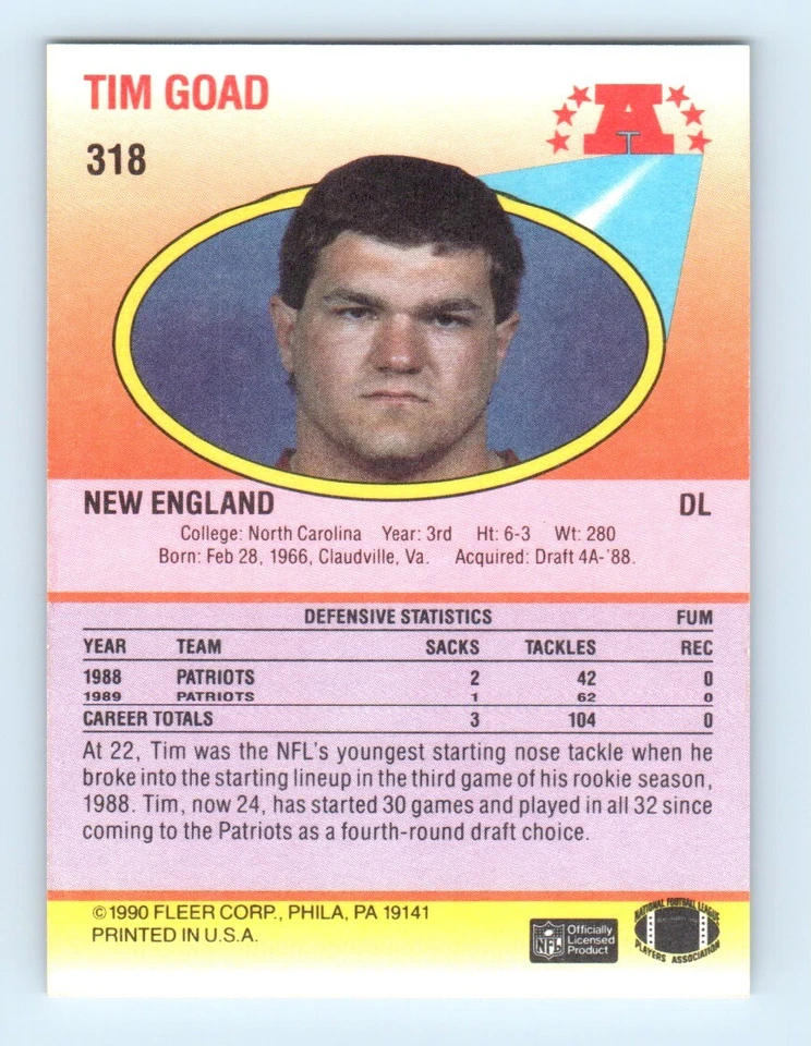 1990 Fleer Tim Goad Rookie New England Patriots #318 - Image 2 of 2