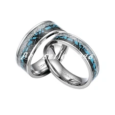 2pcs Turquoise Imitated Meteorite Inlaid Titanium Couple Rings Wedding Band Set