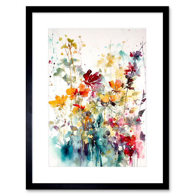 Wild Flowers Abstract Watercolour Orange Red Purple Framed Art Print 12X16