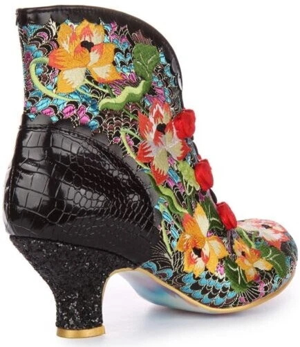 IRREGULAR CHOICE Lotus Eater en Negro Flor Tobillo Tacones Medios Talla UK 3-8 - Imagen 3 de 4