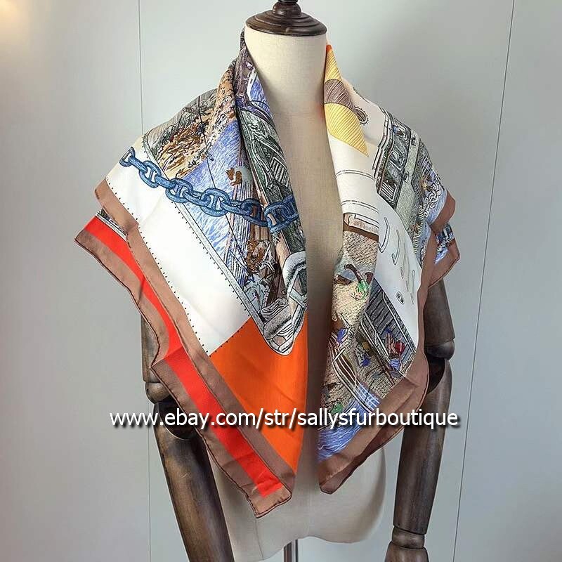Pure Twill Silk Wrap Scarf 18 Momme Ship Print Double Face Shawl Kerchief 35
