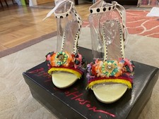 Betsey Johnson Wycker 4" strap heels white polka dot yellow pink flowers 6.5 NIB