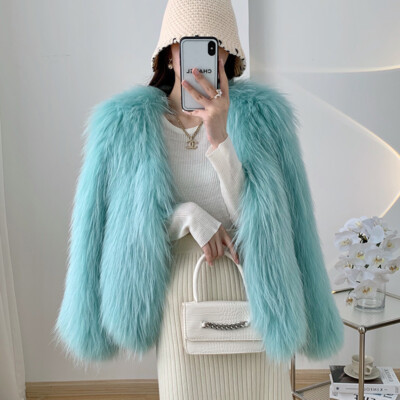 Genuine Raccoon Fur Woven Fur Coat Women's Short V-neck 2024 Winter Warm Jackets