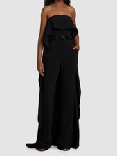  795 Badgley Mischka Women's Black Odessa Strapless Cape Beaded Jumpsuit Size 6