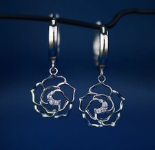 14k Yellow / White Gold Dangle CZ Flower Huggie Earrings