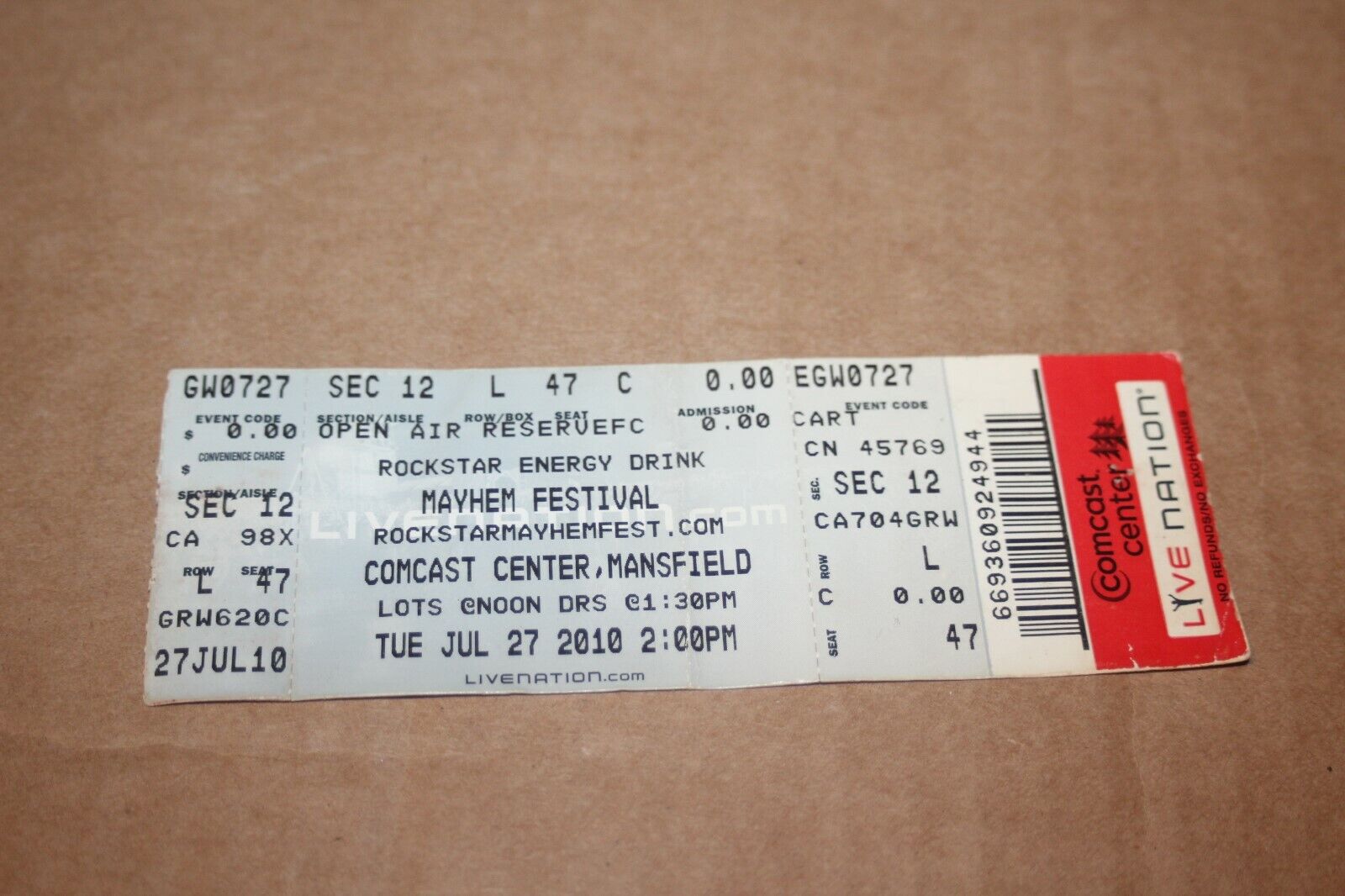 Korn Rob Zombie Lamb of God  Avenged Sevenfold concert ticket  -