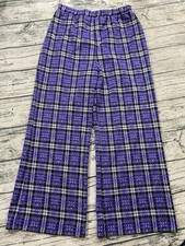 Pykettes 70s Elastic Waist msrd 26x25 Purple Tartan Plaid Wide Leg Bell Flare