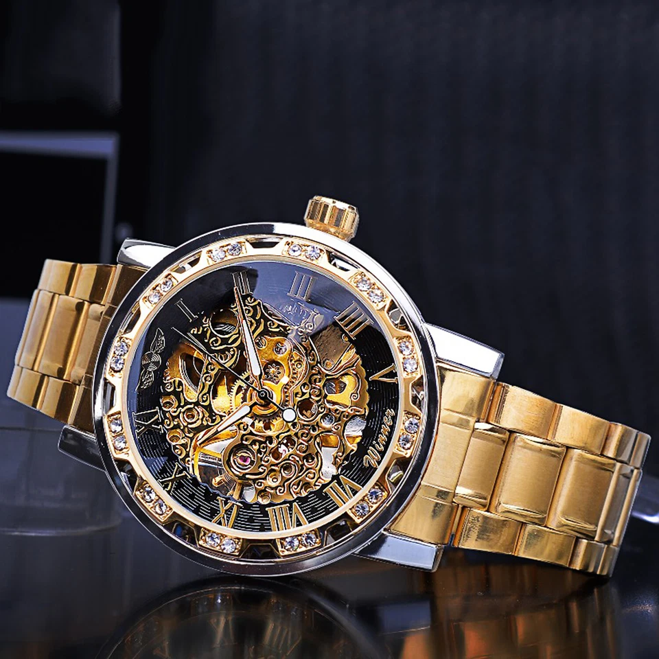 Relojes de pulsera mecánicos huecos de diamantes de acero inoxidable de lujo T-Winner para hombre Foto 3 de 4