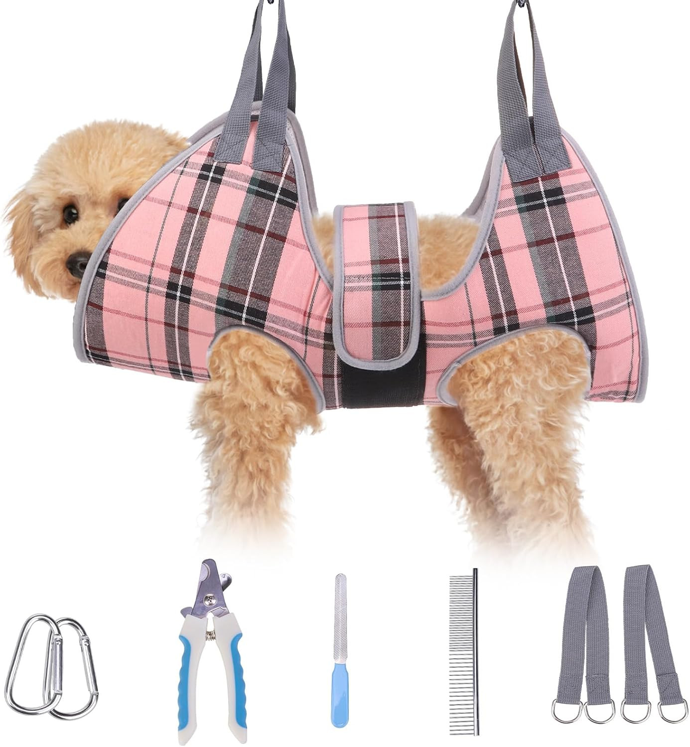 Dog Grooming Hammock with Adjustable Harness & Steel Comb - Pet Grooming Restrai