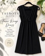 Talbots Petite Black Faux Wrap Dress Womens PM Stretch Sleeveless Midi