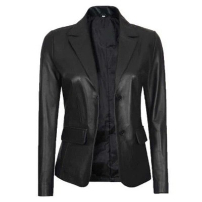Jild Classic 2-Button Lambskin Black Leather Formal Casual Blazer for Women