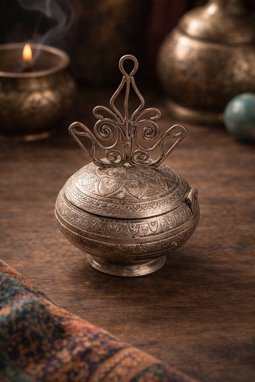 Vtg Hand-Engraved Brass Kumkum Betel Nut Trinket Box Hinged Lid, Ornate, India
