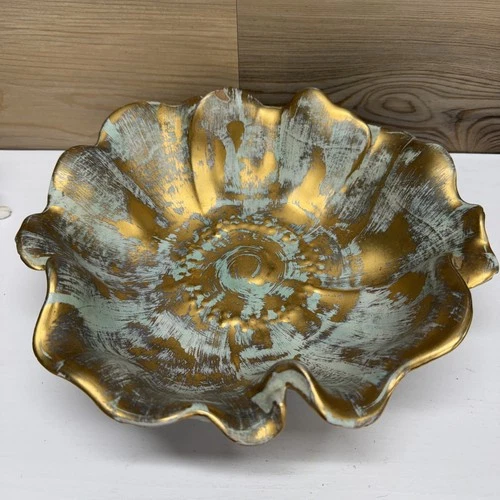 Stangl Pottery Aqua And Gold Flower Shape Bowl 10 Inch Wide