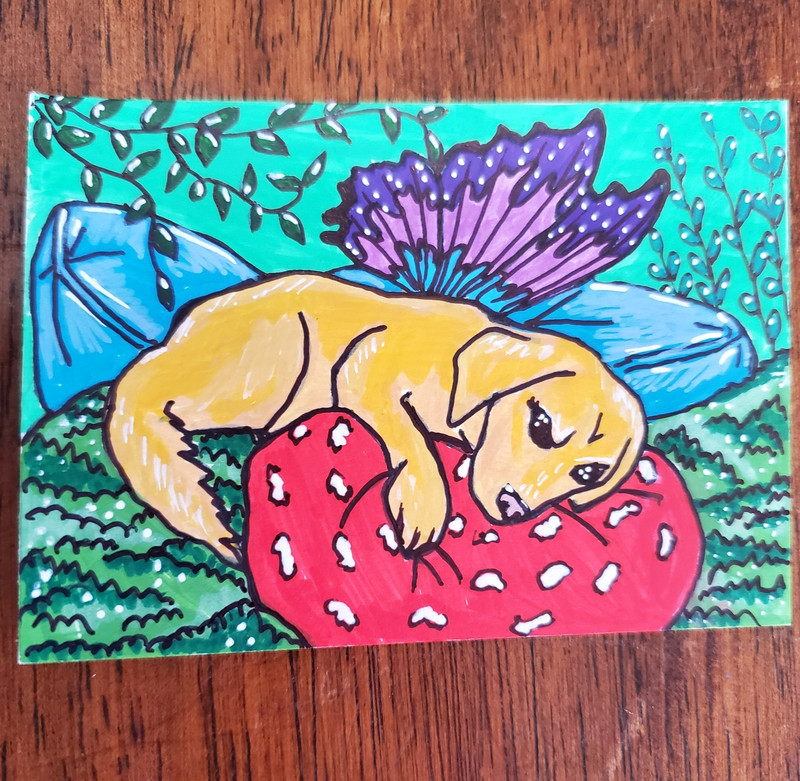 ACEO Original Art Cute Puppy Dog Painting Golden Retriever Fairy Pup #5