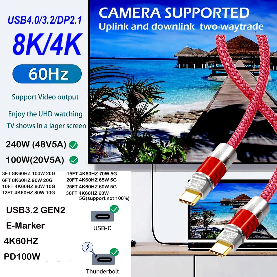 USB C to C Cable 30FT,100W 4K60HZ Type C GEN2x2(Data usb2.0),USB C Video Outp... - Image 2 of 4