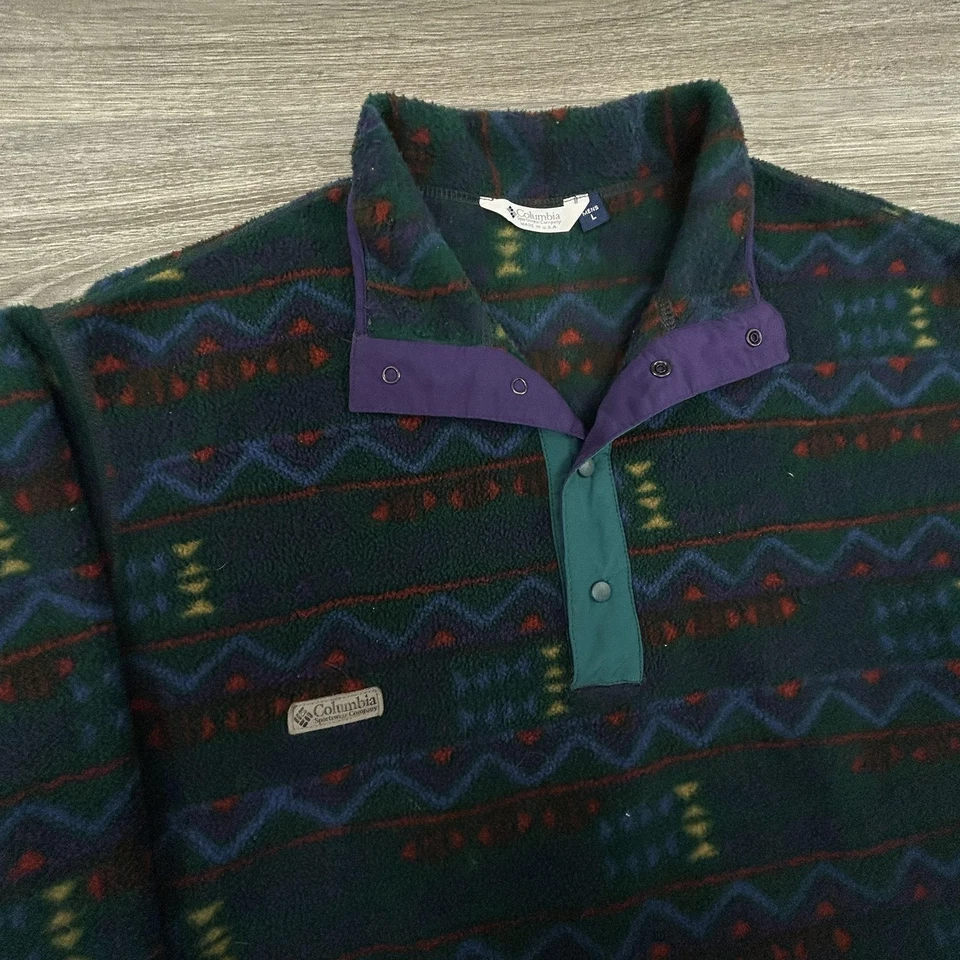 VINTAGE Columbia Fleece Pullover Mens Large Jacket Snap Aztec Made USA 90s - Image 3 of 4