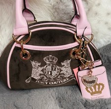 NWT Juicy Couture Classic Scottie Dogs Satchel Velour Brown Pink Bowler Purse