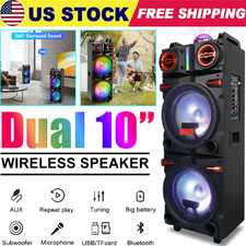 9000W Dual 10" Bluetooth Party Speaker Subwoofer Karaoke FM LED Lights Mic Wheel