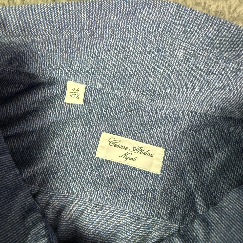 Camisa Cesare Attolini Napoli Para Hombre 17.5/44 Azul Rayas Jersey Algodón Elástico Foto 3 de 4