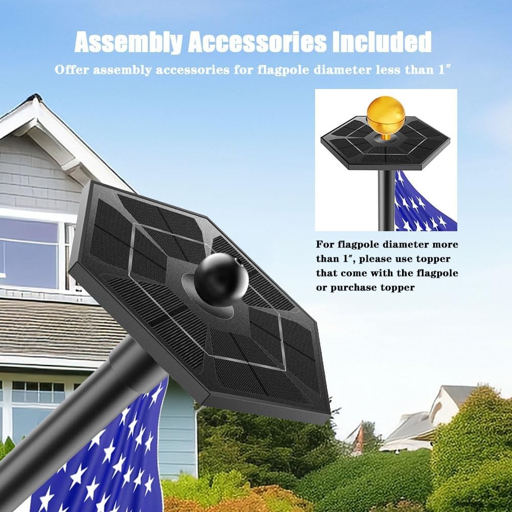 Flag Pole Light Solar Powered with Top Mount Accessories, Dusk to Dawn Black 