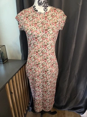 Vestido midi ceñido al cuerpo floral Ditsy para mujer Reino Unido 10 rosa crema manga gorra elástico - Imagen 1 de 3