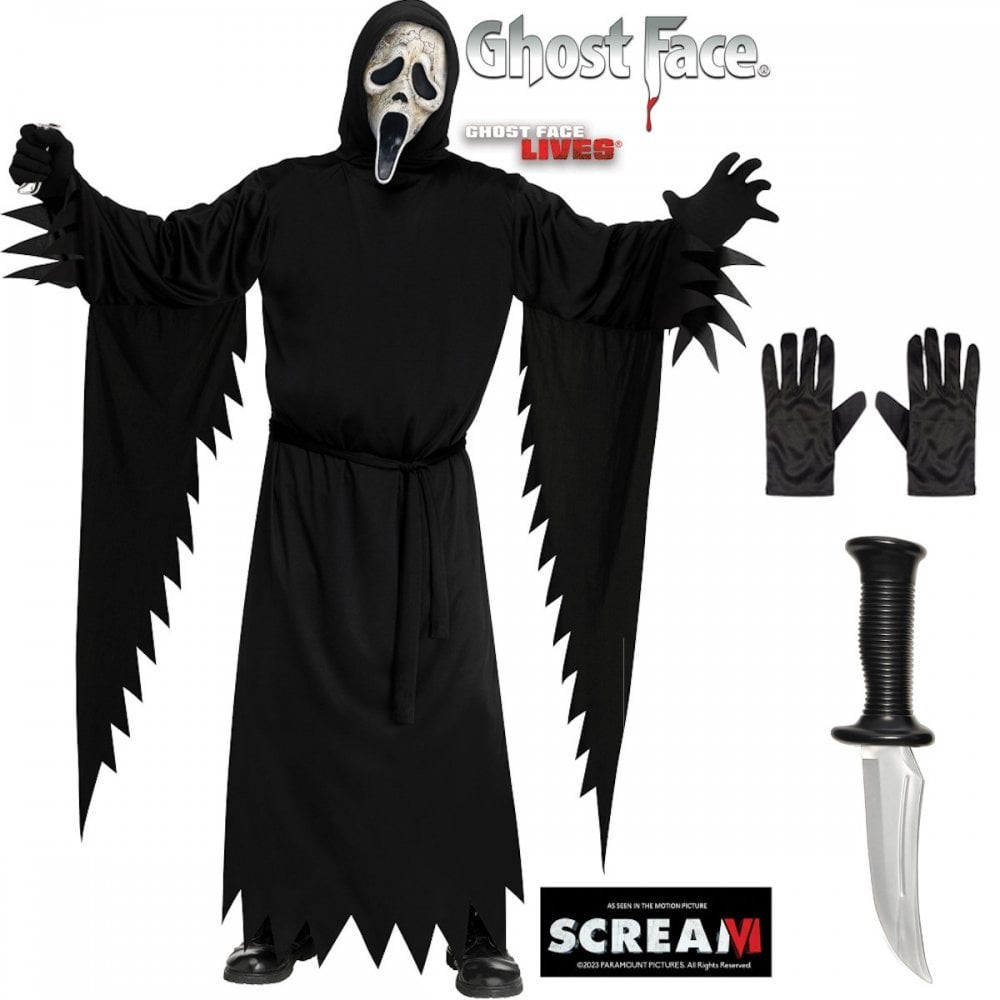 Scream Ghost Face ADULT AGED COSTUME + HORROR KNIFE GLOVES Halloween Fancy Dress