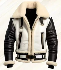 WW2 B3 RAF White Mens Bomber Flying B3 Aviator Faux Fur Shearling Leather Jacket