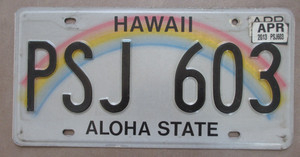 Hawaii Auto Car License Plate Authentic Expired Rainbow Aloha State  "PSJ 603"