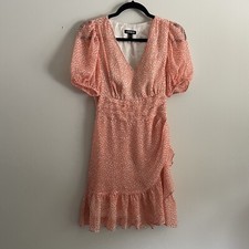 Express Sz XS Peach Animal Print Puff Sleeve V-Neck Ruffle Faux Wrap Mini Dress